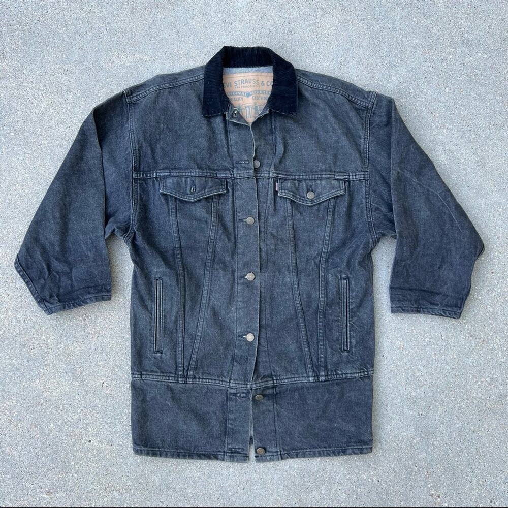 Vintage 80s Levi’s long chore trucker denim jean jacket charcoal SMALL